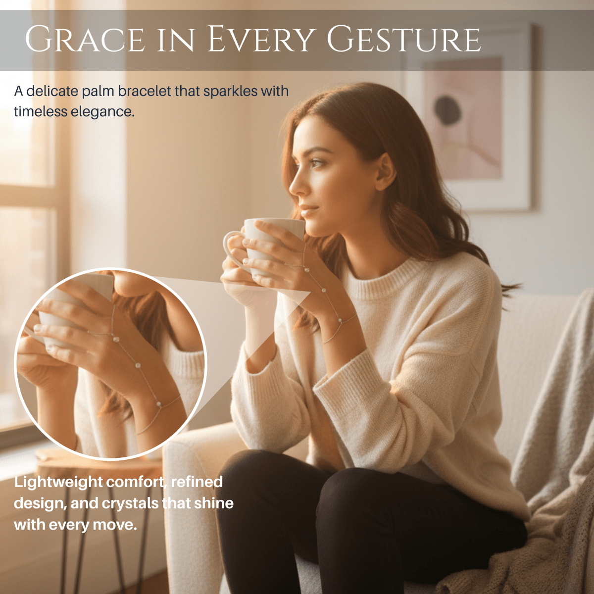 Norvo | PalmGrace – Justerbar Finger Ring Palm Armbånd med Strålende Krystaller