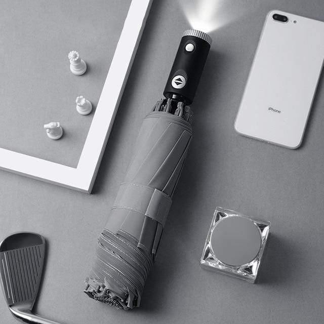 Norvo | Automatisk reversibel LED-lys paraply med refleksbånd, trefoldig sammenleggbart, invertert, 10 ribber, vindtett paraplyer for reise