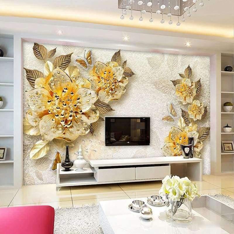 Norvo | 3D Tapet Europeisk Stil Gylden Diamant Blomst Smykke Bakgrunn Veggmalerier Hotell Stue TV Sofa Boliginnredning 3 D