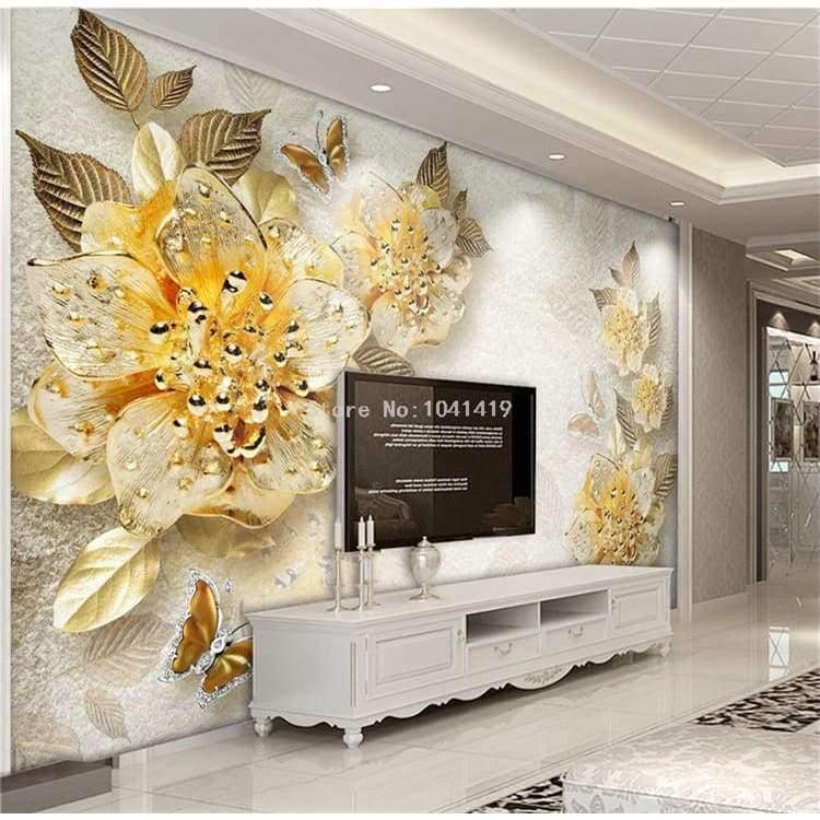 Norvo | 3D Tapet Europeisk Stil Gylden Diamant Blomst Smykke Bakgrunn Veggmalerier Hotell Stue TV Sofa Boliginnredning 3 D