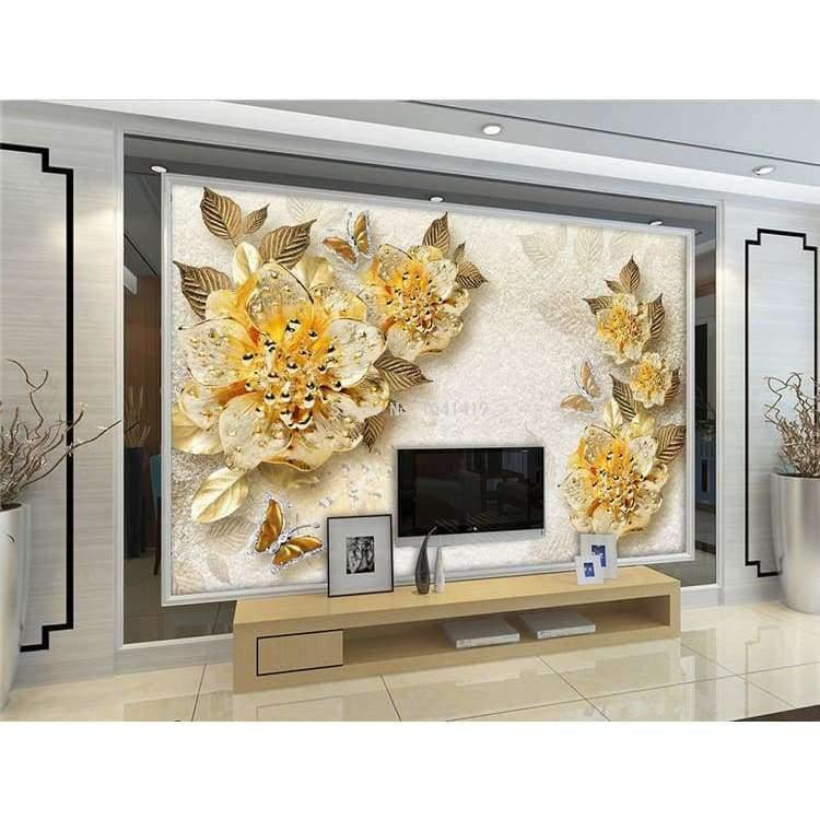 Norvo | 3D Tapet Europeisk Stil Gylden Diamant Blomst Smykke Bakgrunn Veggmalerier Hotell Stue TV Sofa Boliginnredning 3 D