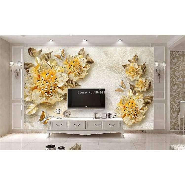 Norvo | 3D Tapet Europeisk Stil Gylden Diamant Blomst Smykke Bakgrunn Veggmalerier Hotell Stue TV Sofa Boliginnredning 3 D