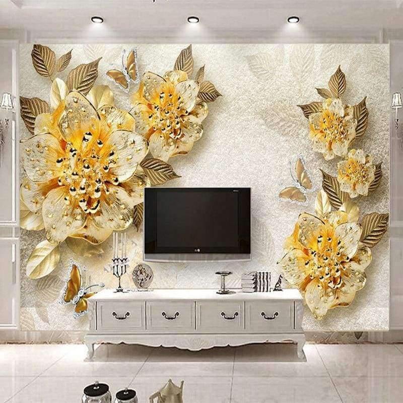 Norvo | 3D Tapet Europeisk Stil Gylden Diamant Blomst Smykke Bakgrunn Veggmalerier Hotell Stue TV Sofa Boliginnredning 3 D