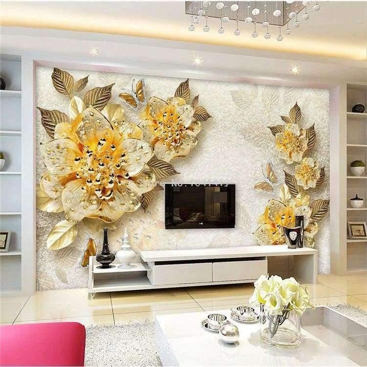 Norvo | 3D Tapet Europeisk Stil Gylden Diamant Blomst Smykke Bakgrunn Veggmalerier Hotell Stue TV Sofa Boliginnredning 3 D