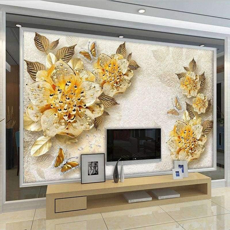 Norvo | 3D Tapet Europeisk Stil Gylden Diamant Blomst Smykke Bakgrunn Veggmalerier Hotell Stue TV Sofa Boliginnredning 3 D