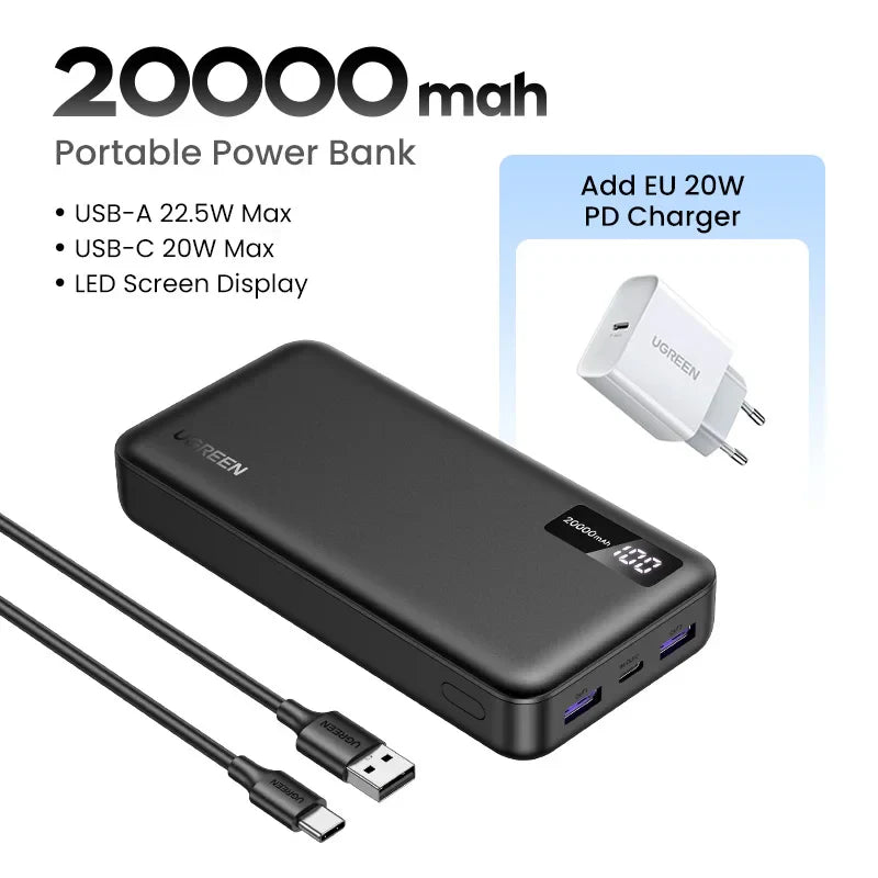 UGreen 22,5W Hurtiglading Power Bank 20000mAh - Bærbar Hurtiglading Telefon Enhet PowerBank Ekstern Batteripakke
