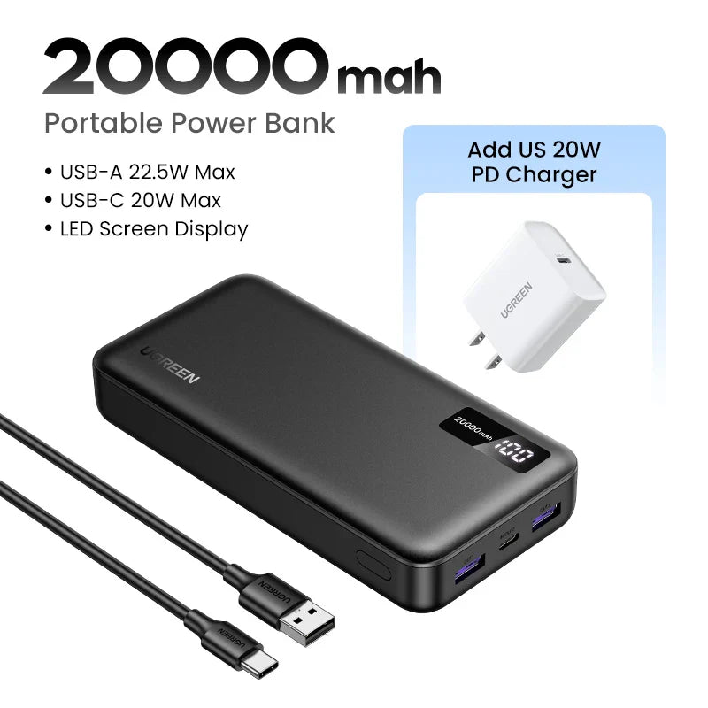 UGreen 22,5W Hurtiglading Power Bank 20000mAh - Bærbar Hurtiglading Telefon Enhet PowerBank Ekstern Batteripakke