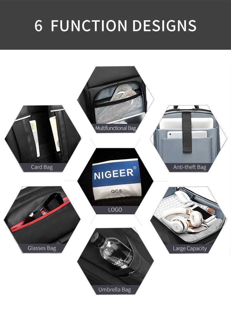 Norvo | 15,6 tommers laptop reise ryggsekk vannavstøtende funksjonell ryggsekk med USB-ladeport