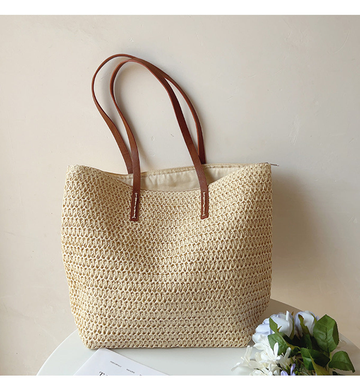 Norvo | Rattan Vevd Bag med Lærremmer - SummerBreeze Tote
