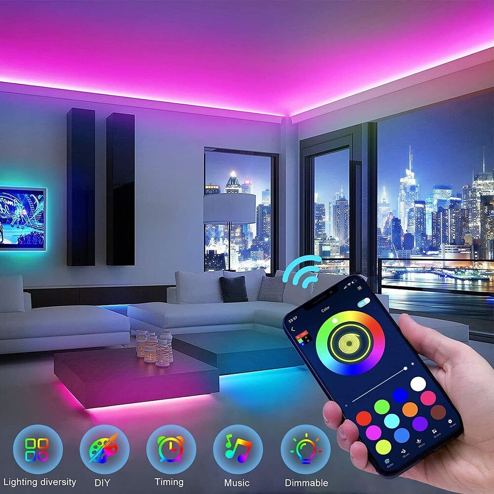 Norvo | LED Lyslist, 30 m, 15 m, Musikk Synkronisering, Bluetooth, 5050, RGB Ambient Lys med Fjernkontroll