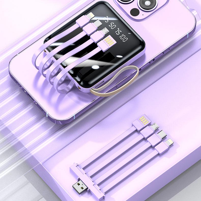 Norvo | Rask lading 20000mAh mini powerbank med integrerte kabler