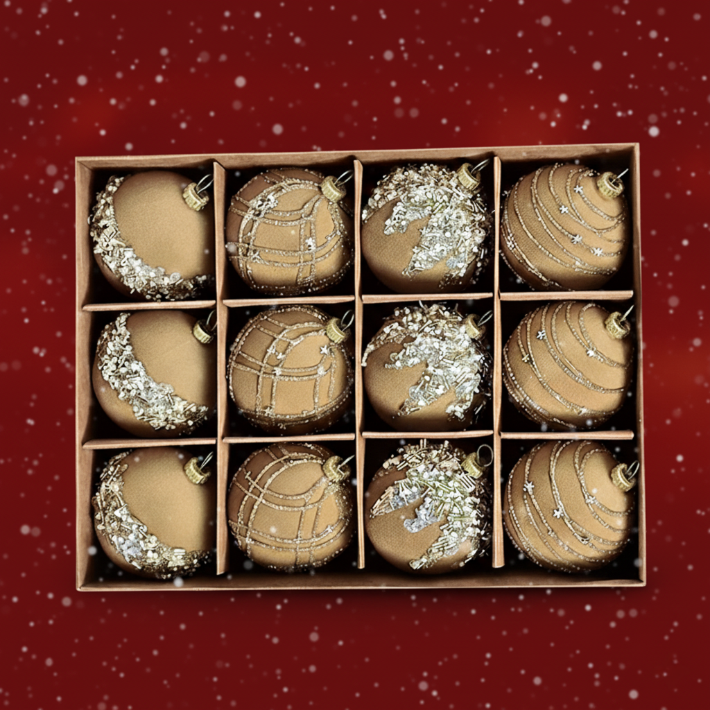 Fløyels Julekuler Sett (12 stk.) – Vinrød, Khaki & Grønn Pynt (6cm)