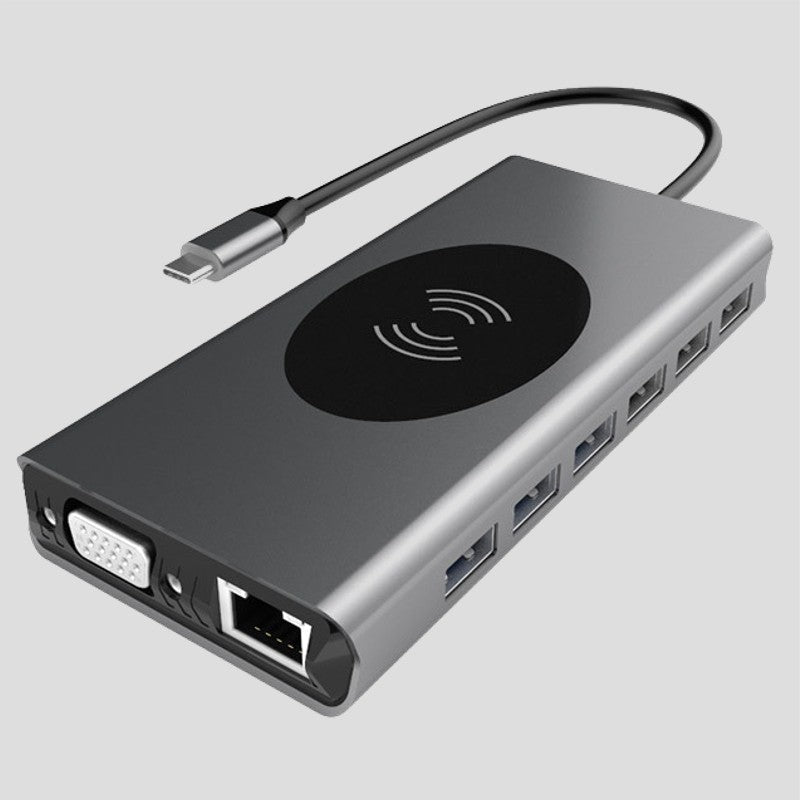 Norvo | Bærbar 15-i-1 USB C Hub Adapter, med Trådløs Lader, 4K USB C til HDMI, SD/TF Kortleser og Ethernet