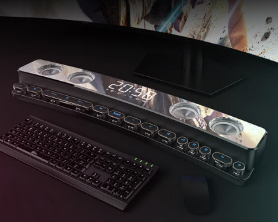 Norvo | Bluetooth Gaming Høyttaler, med RGB Belysning, Bluetooth 5.0, Dobbelt Membran, Doble Høyttalere, Mekaniske Knapper, Klokke & Alarm