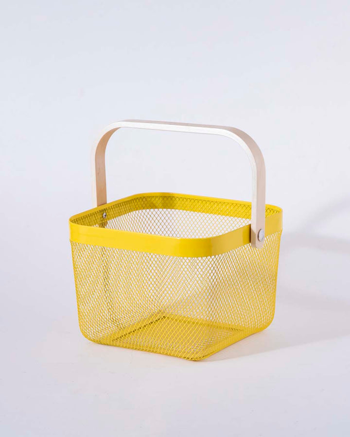 Norvo | Firkantet Metalloppbevaringskurv med Trehåndtak - Gul - Sett med 2