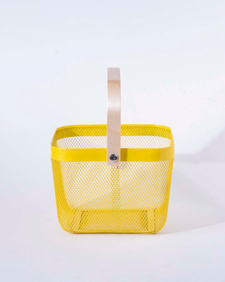 Norvo | Firkantet Metalloppbevaringskurv med Trehåndtak - Gul - Sett med 2
