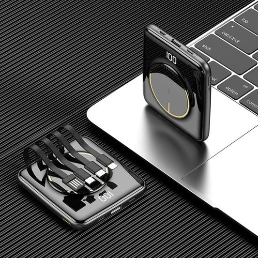 Norvo | 5-i-1 Bærbar Mini 20000mAh Power Bank, med Kablet/Drahtløs Lading, 4 Innebygde Kabler & Super Slank Design, for Telefon, Nettbrett & Mer