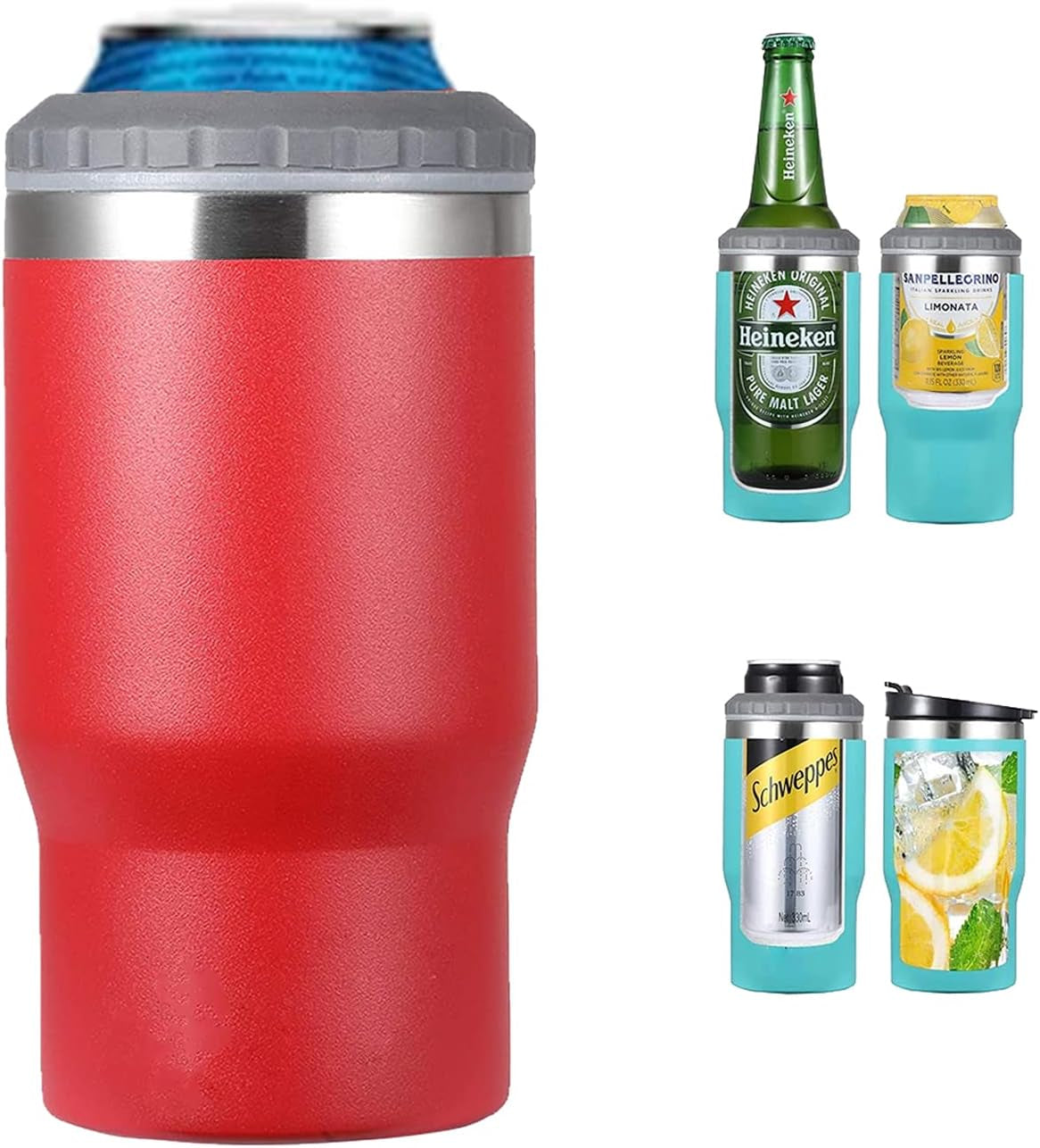 Norvo | 4 i 1 rustfritt stål boks/flaske isolator, 14Oz toveis lokk SUS isolert boks kjøler, ølboksholder (Svart)