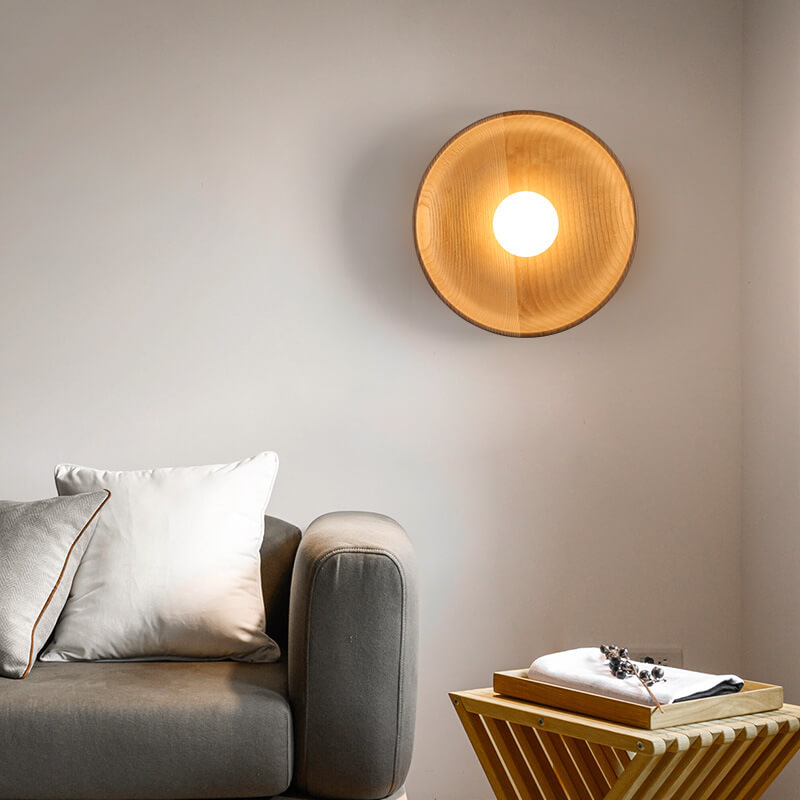 Norvo | Modern Minimalist Rund Skive Solid Tre 1-Lykt Vegglampe