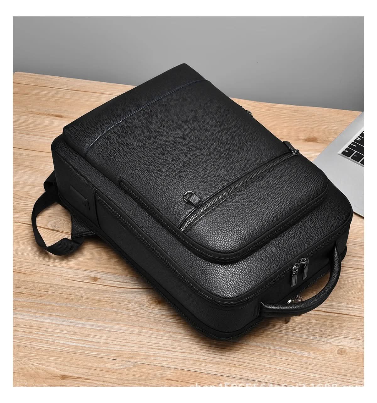 Norvo | Elegant lær ryggsekk for menn/kvinner med USB-port for laptop og hverdagsbruk, 15,6 tommer, svart