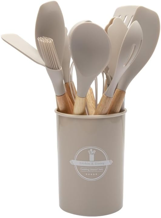 Norvo | Silikon Kjøkkenredskapsett | Nonstick Trygg | Treskaft | Varmeresistent