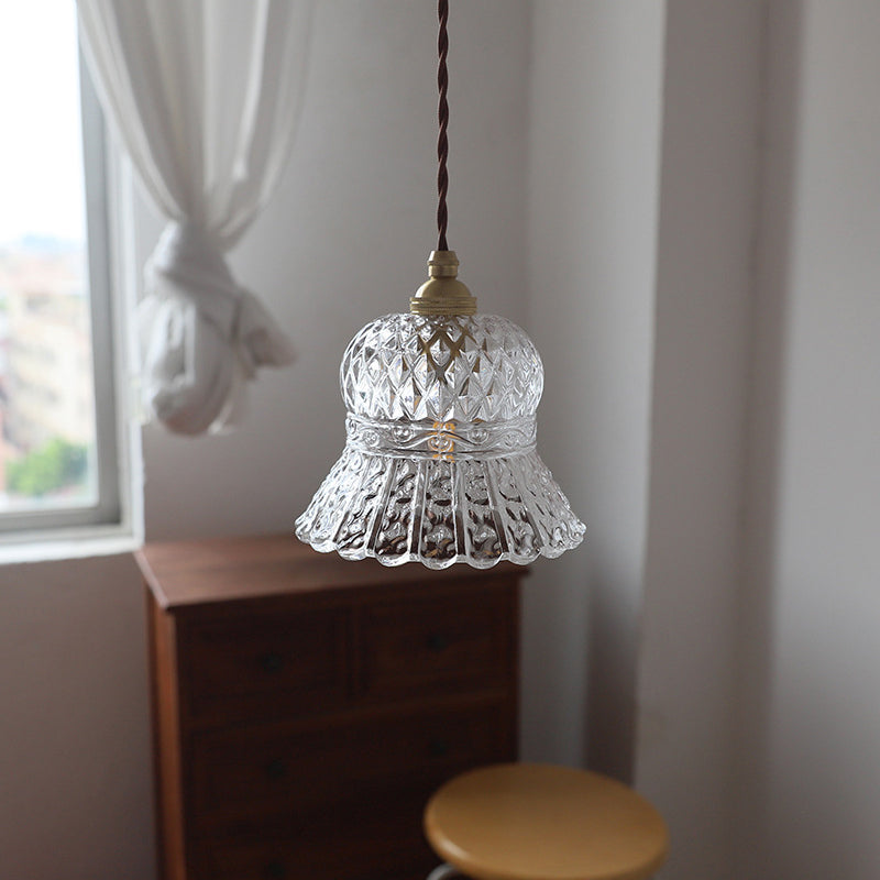 Norvo | Tradisjonell Fransk Messing Ruter Glass Blomst Form 1-Lys Pendellampe For Stue