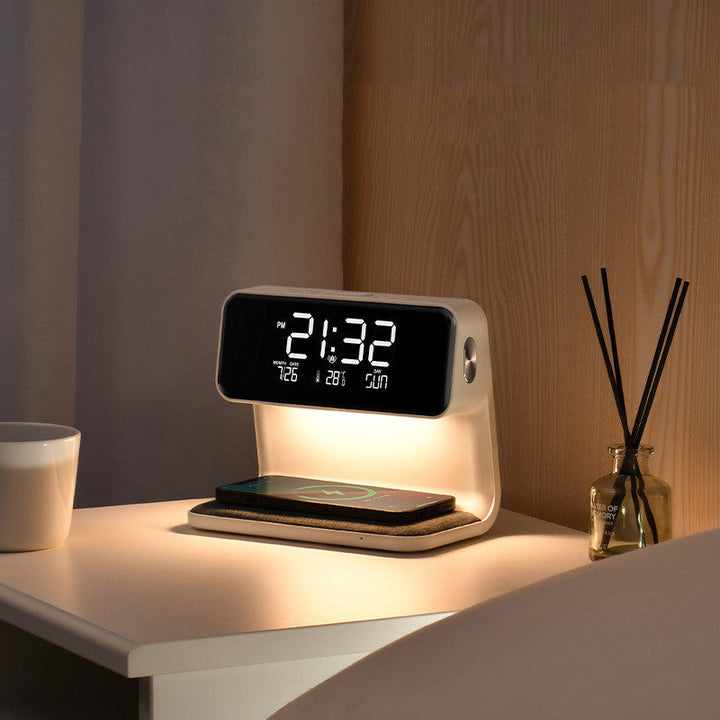 Norvo | 3-i-1 Sengelampe med Trådløs Lader – LCD Vekkerklokke & Berøringsdimmbar LED Bordlampe