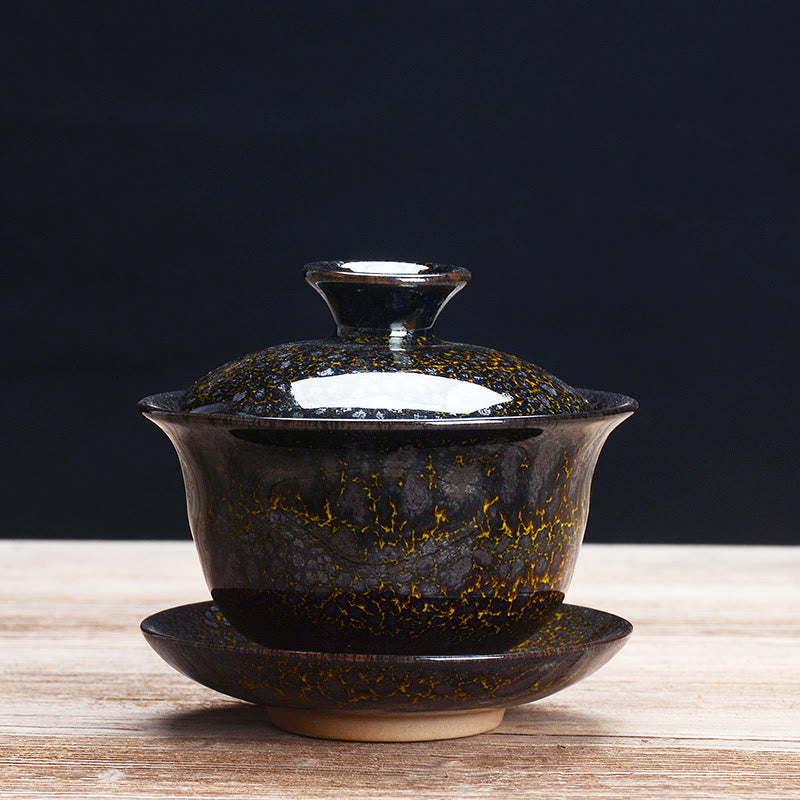 Norvo | Vintage Brennovn Keramisk Gaiwan Sancai Tekopp Tekopp og Tallerken med Lokk