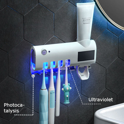 Norvo | Smart Punch-fri UV Sterilisering Tannbørste Sterilisator / Hylle med Automatisk Tannkrem, Soldrevet, Litiumbatteri Oppbevaring, Dobbelt Sterilisering & Automatisk Induksjon