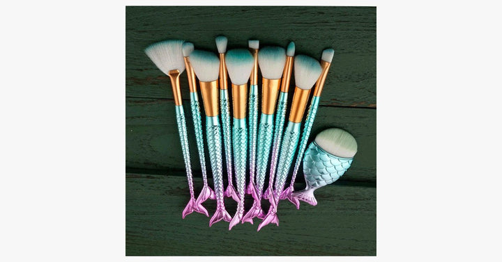 Norvo | Havfrue Sminkekostsett med GRATIS Konturkost - Profesjonell Kosmetikkost for Øyenskygge, Eyeliner, Rouge & Concealer