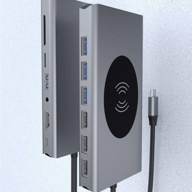 Norvo | Bærbar 15-i-1 USB C Hub Adapter, med Trådløs Lader, 4K USB C til HDMI, SD/TF Kortleser og Ethernet