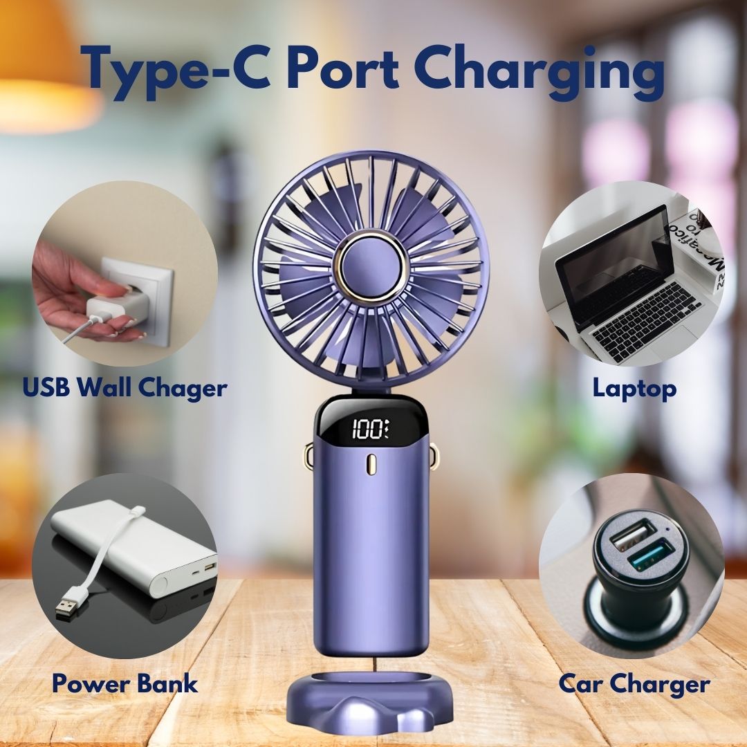 Norvo | Oppladbar Håndholdt Mini Vifte | 5-Hastigheter, 90-Graders Justerbar & Stille for Kontor, Hjem & Utendørs Bruk