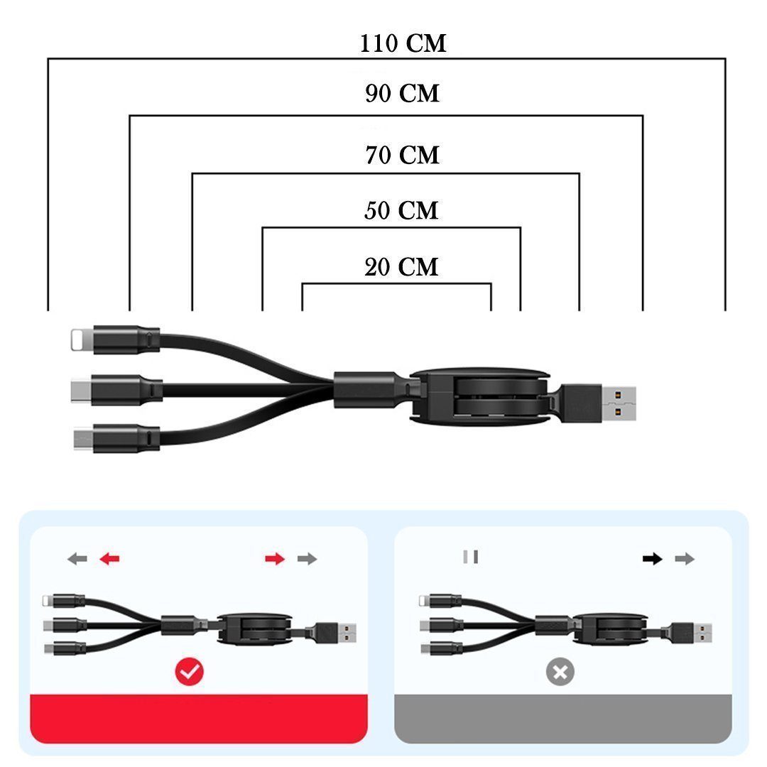 Norvo | 3-1 Uttrekkbar ladekabel for IOS, Micro og Type-c