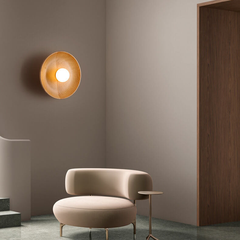 Norvo | Modern Minimalist Rund Skive Solid Tre 1-Lykt Vegglampe