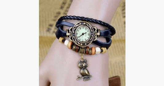Norvo | Ugle Vintage Wrap Klokke med Boho-Chic Stil Armbånd - Vevd mansjett-stil armbåndsur for et funky utseende!