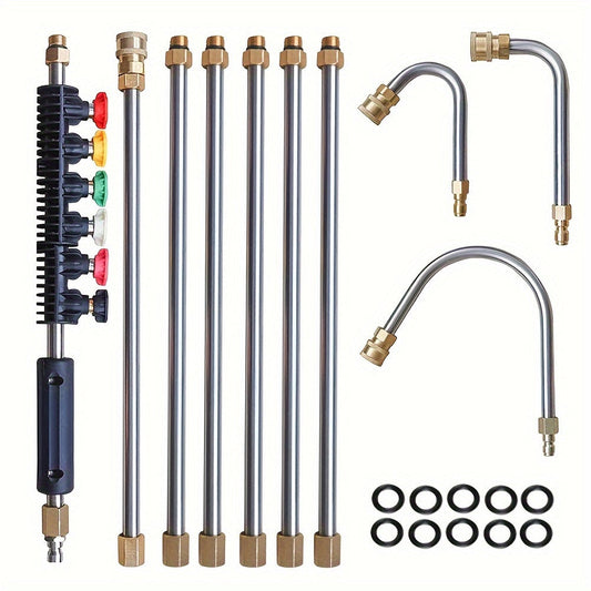 Norvo | 10 stk Høyttrykksvasker Forlengelsesstang Kit – 4000 PSI, 1/4 Hurtigkobling, 6 Dysevedlegg, Takrennerengjøringsbøyd stang 30°, 90°, 120° – Ideell for takdrenering, utvendige vegger og tunge rengjøringsoppgaver