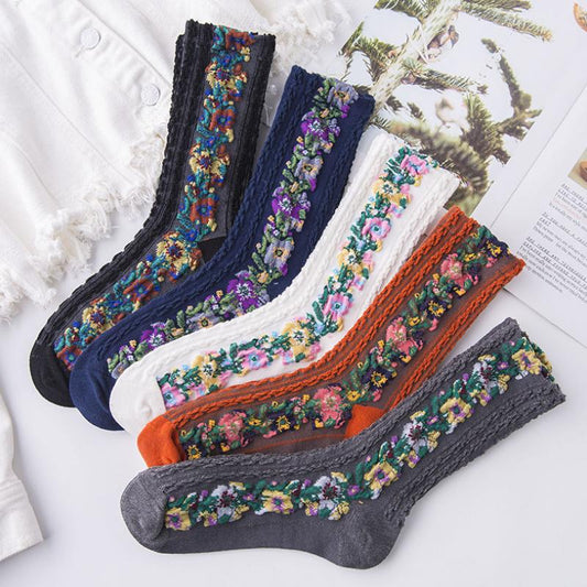 Norvo | 🧦🌸Vintage Broderte Blomst Sokker (5 Par)