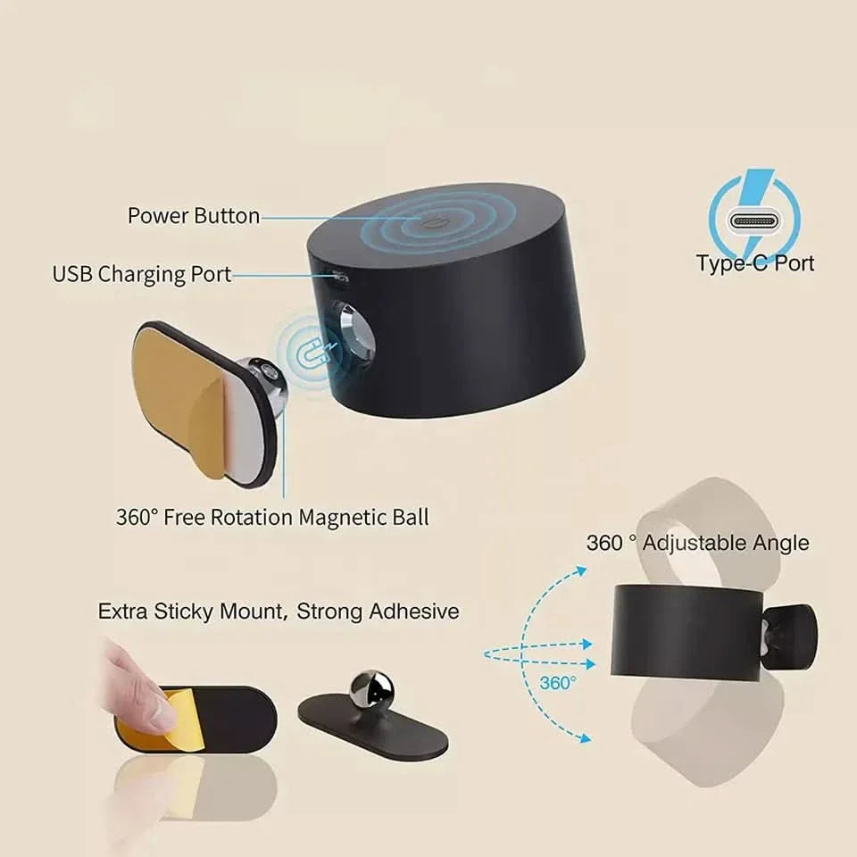 Norvo | 360° Vegglampe – Trådløs, USB oppladbar & 3 lysnivåer for fleksibel belysning