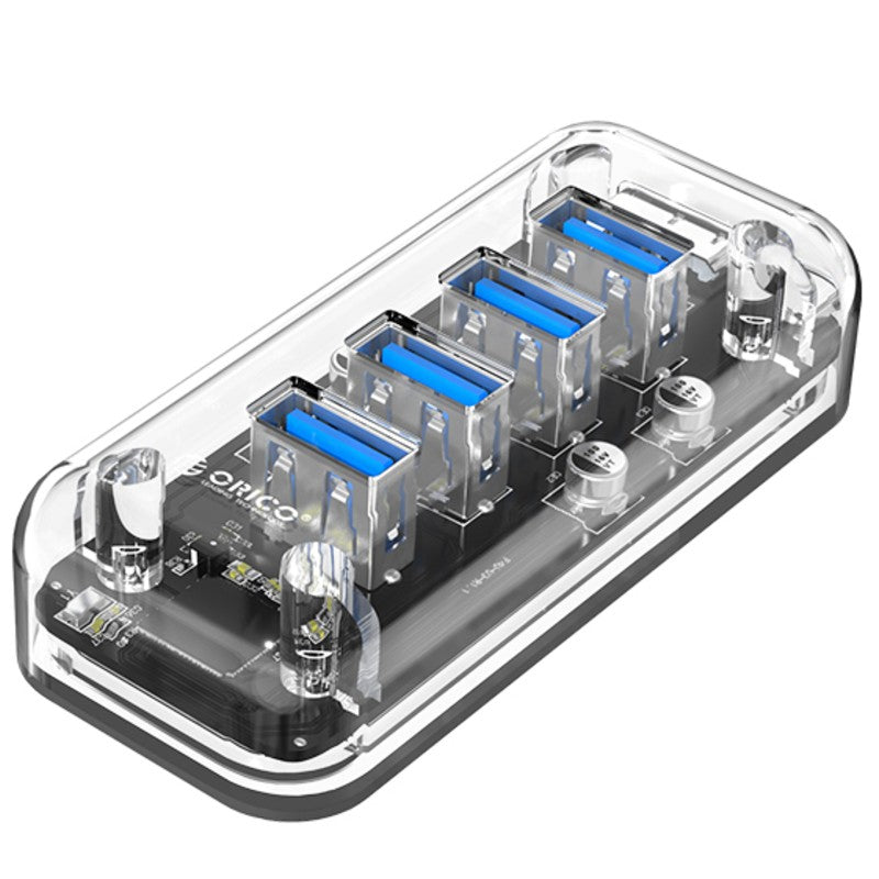 Norvo | 7-i-1 Transparent USB3.0 Hub med Strømtilkobling, for Kontor, Studie, Spill og Mer
