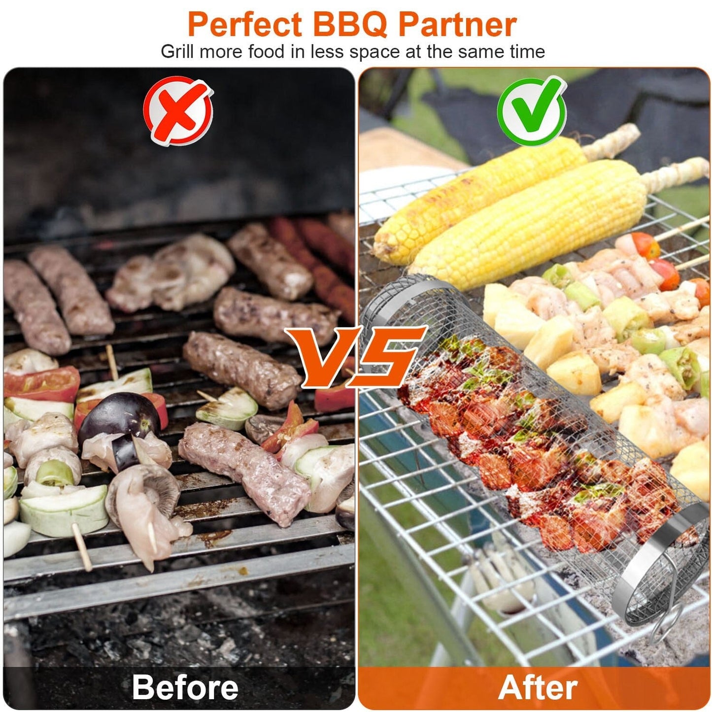 Norvo | 2-delt: Bærbar BBQ Rullende Kurv Rund Rustfritt Stål Grill