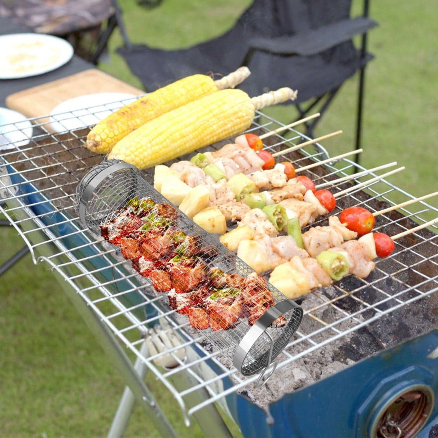 Norvo | 2-delt: Bærbar BBQ Rullende Kurv Rund Rustfritt Stål Grill