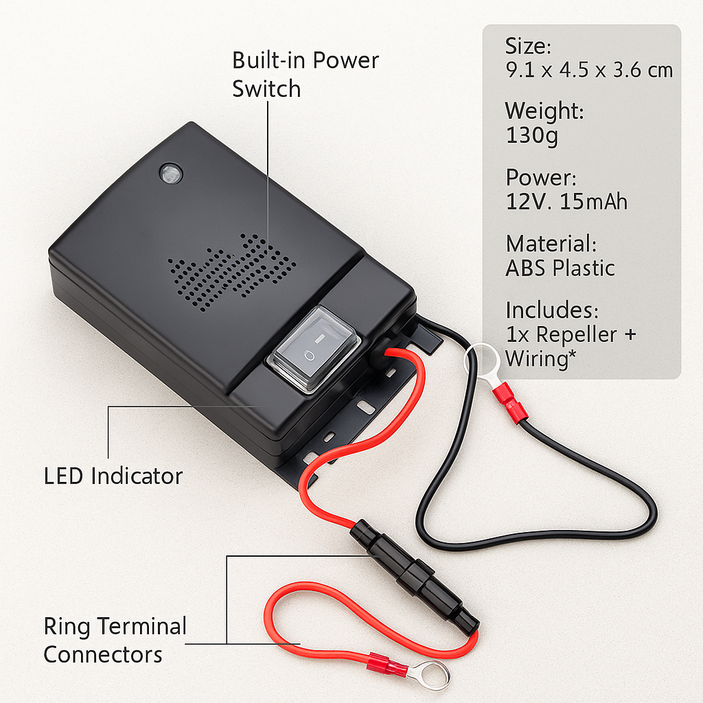 Norvo | Ultralyd Billus Repeller | Bærbar. Selvdrevet og Effektiv for Kjøretøybeskyttelse mot Skadedyr