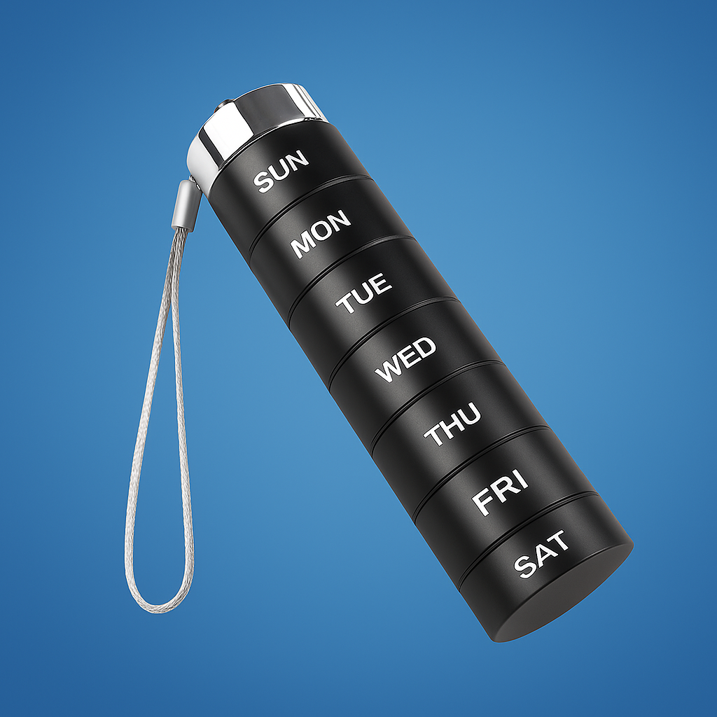 Fuktighetssikker metallbeholder – 7-dagers klar etikett-design – Reisevennlig for voksne og eldre Norvo