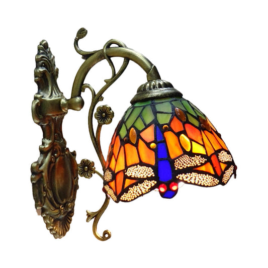 Norvo | Håndkuttet Glass Damselflue Vegglampe Tiffany Stil 1 Lys Veggmontert Lysarmatur med Utskåret Bakplate