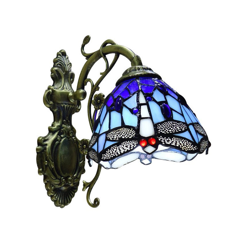 Norvo | Håndkuttet Glass Damselflue Vegglampe Tiffany Stil 1 Lys Veggmontert Lysarmatur med Utskåret Bakplate
