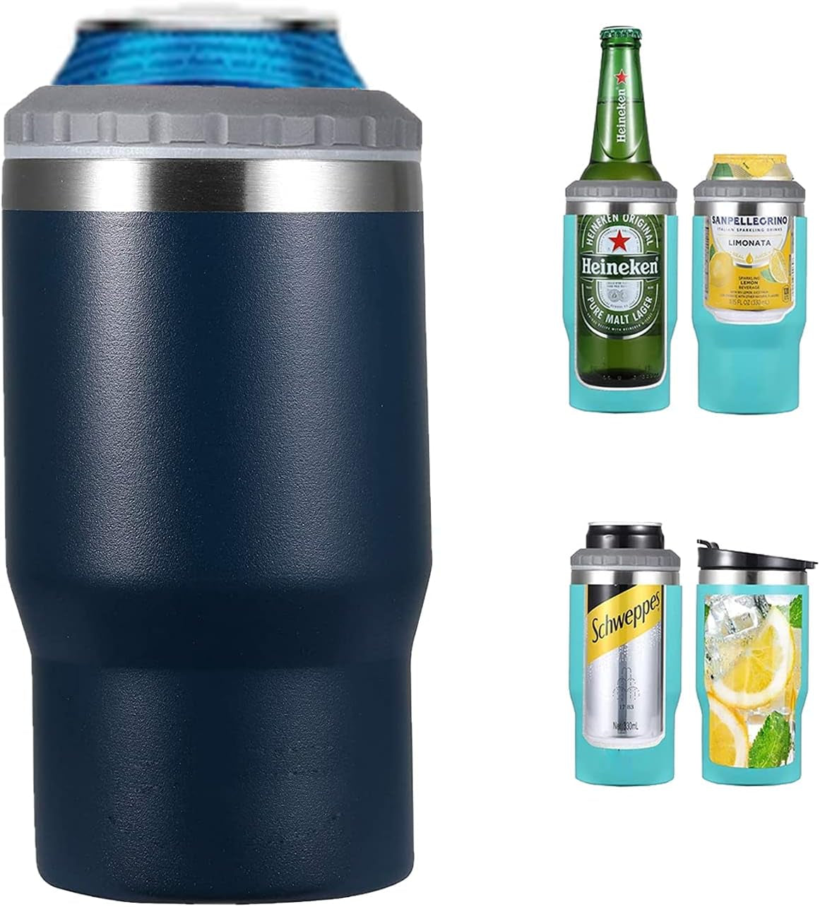 Norvo | 4 i 1 rustfritt stål boks/flaske isolator, 14Oz toveis lokk SUS isolert boks kjøler, ølboksholder (Svart)