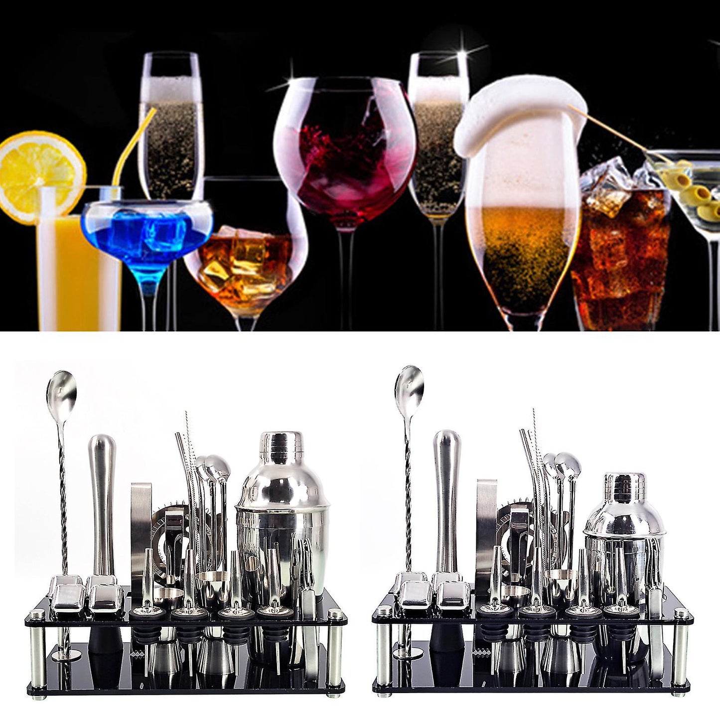 Norvo | 23pcs/Set Bartender Kit Profesjonell Allsidighet Rustfritt Stål Martini Cocktail Shaker med Stativ Bar Tilbehør