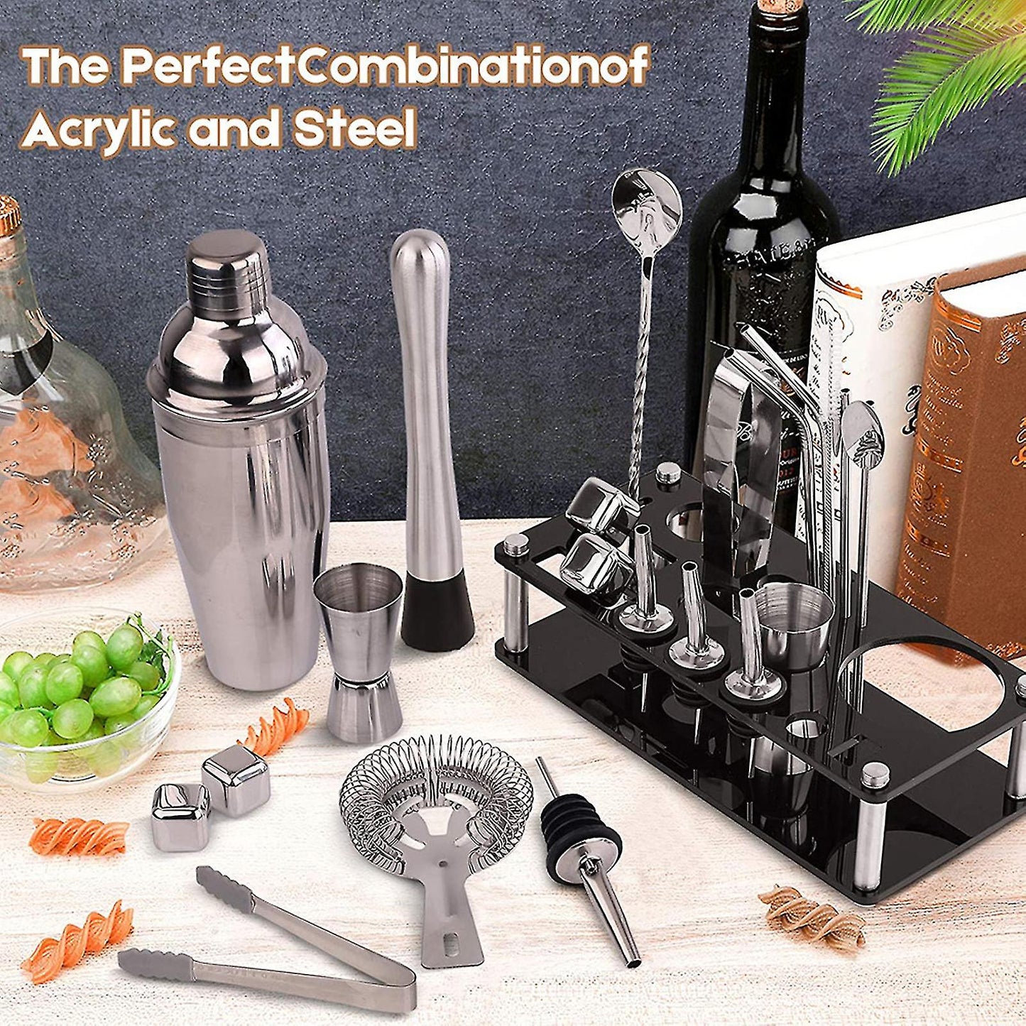 Norvo | 23pcs/Set Bartender Kit Profesjonell Allsidighet Rustfritt Stål Martini Cocktail Shaker med Stativ Bar Tilbehør