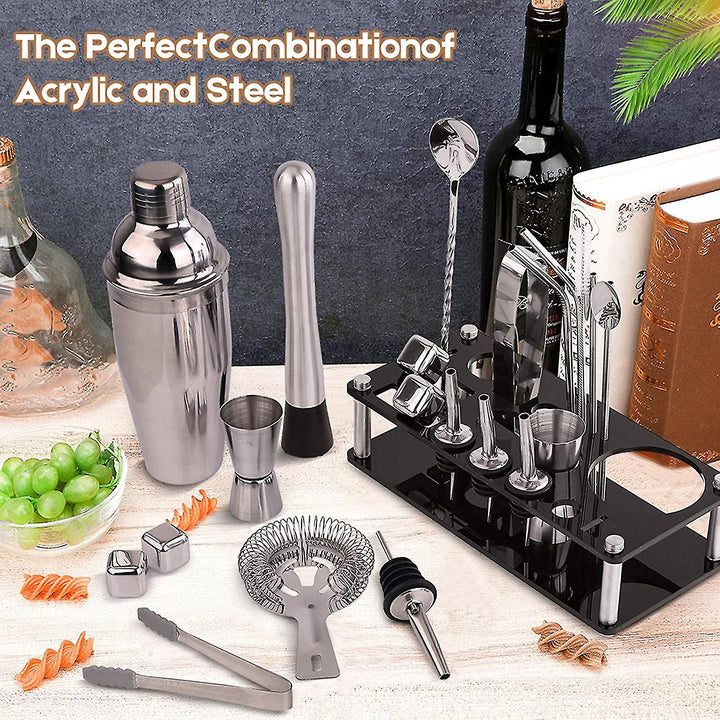 Norvo | 23pcs/Set Bartender Kit Profesjonell Allsidighet Rustfritt Stål Martini Cocktail Shaker med Stativ Bar Tilbehør