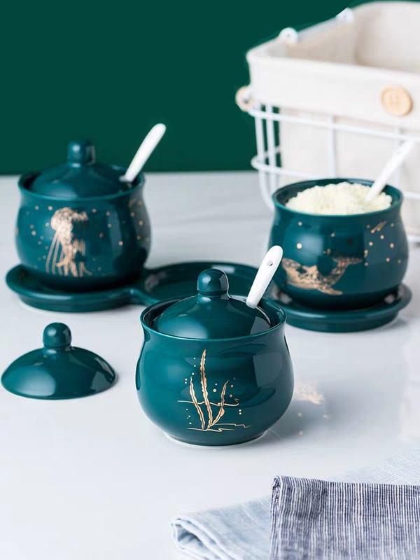 Norvo | Kreativ nordisk stil lett luksus smaragd keramisk krydderkrukke sett